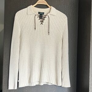 LAUREN RALPH LAUREN Fisherman Silk Linen/Cotton Leather Tie Front Sweater Size L